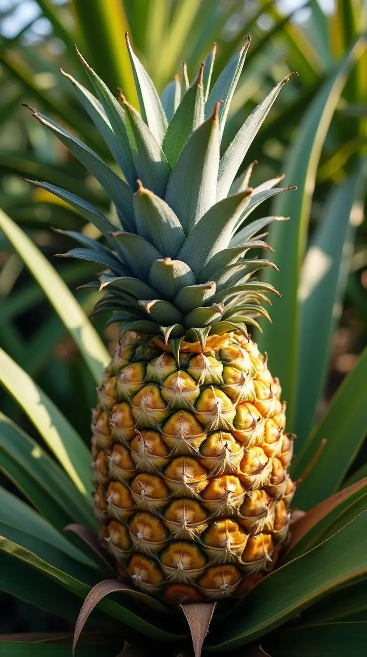 canasta con frutas tropicales y piñas en un huerto iluminado
