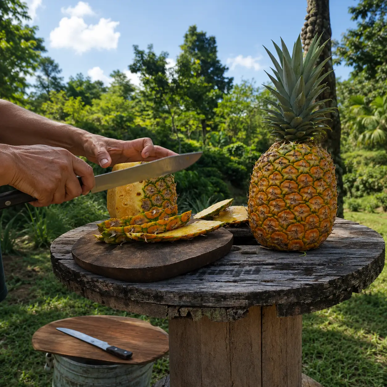 piña dorada y frutas exóticas frescas de la finca